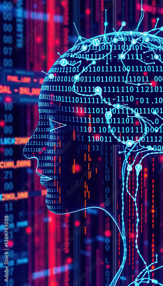 Aufkleber Abstract representation of artificial intelligence with digital human head and binary code
