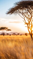 African Savanna Sunset Golden Hour Acacia Trees Landscape Panorama