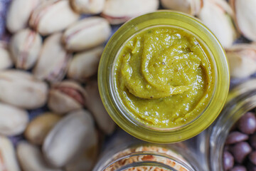 Delicious homemade pistachio paste or cream,spread with pistachios.