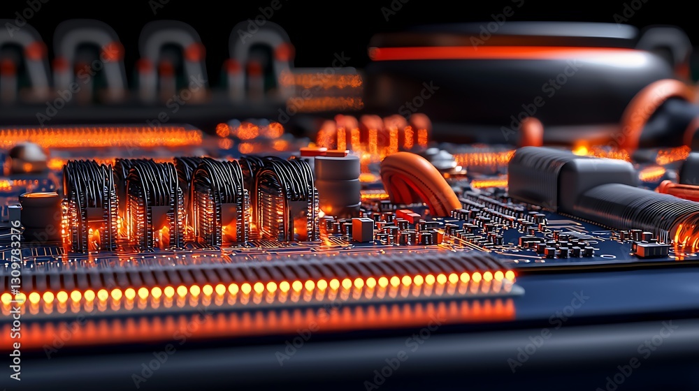 Poster close-up view of a vibrant circuit board with glowing components and intricate wiring details