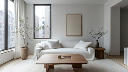 Modern minimalist living room with large windows, white sofa, wooden coffee table, and potted plant.