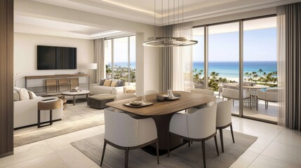 Elegant modern living room with ocean view and stylish decor