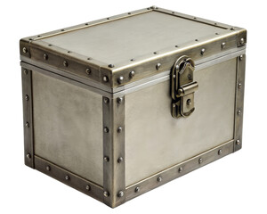 A metal storage trunk with a latch offers secure containment on a transparent background