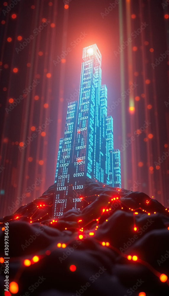 Poster Digital Skyscraper towering structure composed of data rises from connected landscape