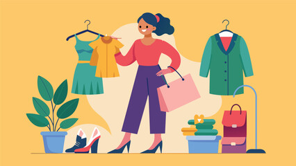 Fototapeta premium A fashionista sharing her thrift store haul of designer pieces demonstrating that luxury can also be sustainable.. Vector illustration