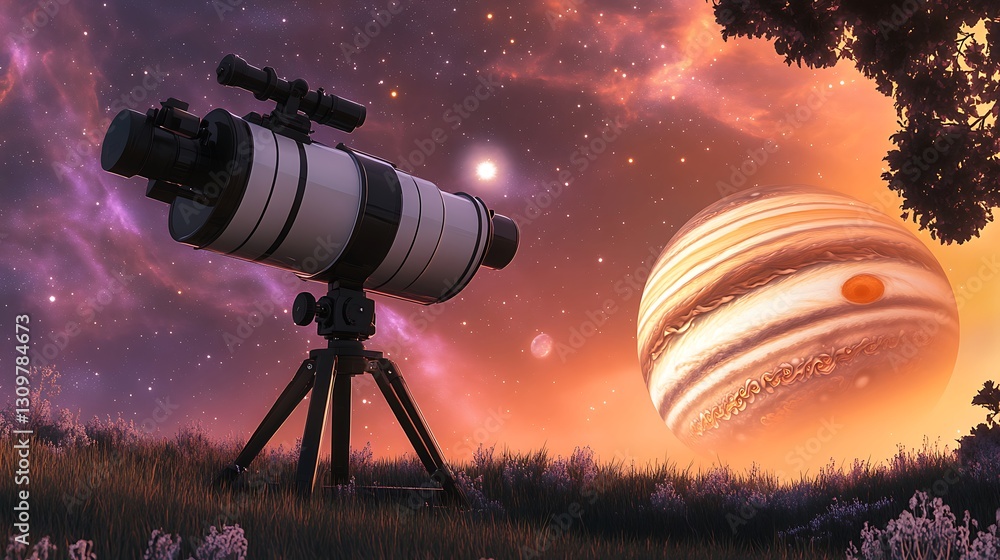 Poster a compact and portable telescope set up on a grassy hilltop with a panoramic view of the cosmos.