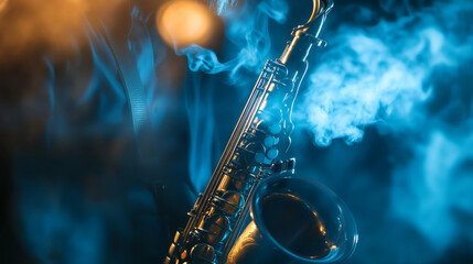 Obraz premium Musical Smoke: A saxophone bathed in blue and orange ethereal smoke, embodies the essence of jazz music, the image's atmospheric ambiance.