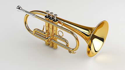 Shiny trumpet isolated on white. Music performance art, advertising, or orchestra instrument sales
