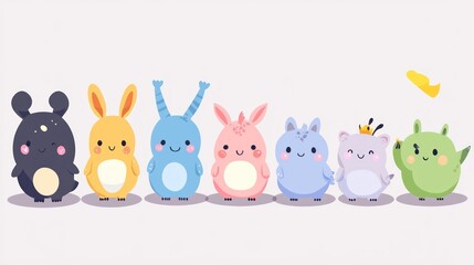 Naklejka premium A row of friendly colorful cartoon characters stand together