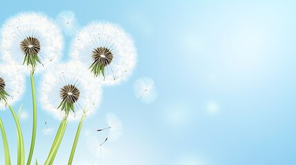 Dandelions blowing seeds with a blue sky background for spring concept graphic designs