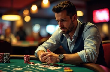 focused caucasian man playing poker at casino table with poker chips and playing cards. intense gambling moment in dimly lit gaming environment. gambling, entertainment, nightlife