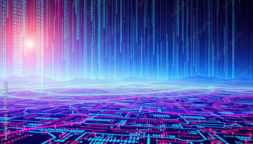 Poster Futuristic landscape with binary rain circuit board grid vibrant colors symbolizing data flow