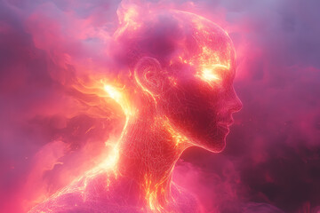A futuristic digital representation of a radiant figure shrouded in white, composed of a glowing wireframe structure. 