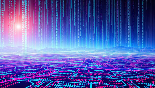 Futuristic landscape with binary rain circuit board grid vibrant colors symbolizing data flow
