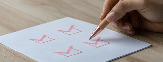 A hand is holding a pen to mark items on a checklist, featuring pink check marks on crisp white paper in a simple design.