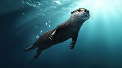 Obraz premium Otter Swimming Gracefully in Clear Blue Water With Sunlight Filtering Through the Surface