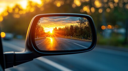 Breathtaking sunset reflected in a side view mirror highlighting the warm colors of dusk during a scenic drive