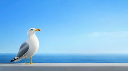 Obraz premium Seagull Perched on a Seawall Overlooking Calm Blue Ocean Under Bright Sky During Daytime