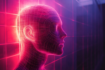 A futuristic digital representation of a radiant figure shrouded in white, composed of a glowing wireframe structure. 