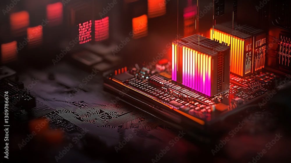 Poster close-up view of a vibrant computer circuit board with glowing components and intricate details