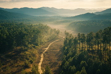 Obraz premium Deforestation for industrial factory, Illegal wood cutting in forest, Landscape view of forest with tree stump.