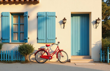 Red bicycle near white house with blue door and windows. Vintage bike parked, old fashioned building and architecture. Summer vacation seaside resort. Holidays in France. Travel destination.