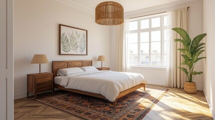 Cozy Modern Bedroom with Natural Light and Leafy Decor Elements