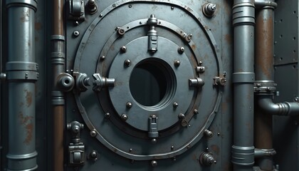 Metal wall features porthole, pipes, valves, rivets. Grey bunker entrance, laboratory doorway with illuminator, rotating lock wheel. Steel bulletproof hatch. Industrial steampunk background,