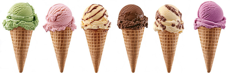 6 ice cream cones with different flavors 