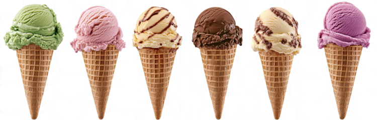 6 ice cream cones with different flavors 