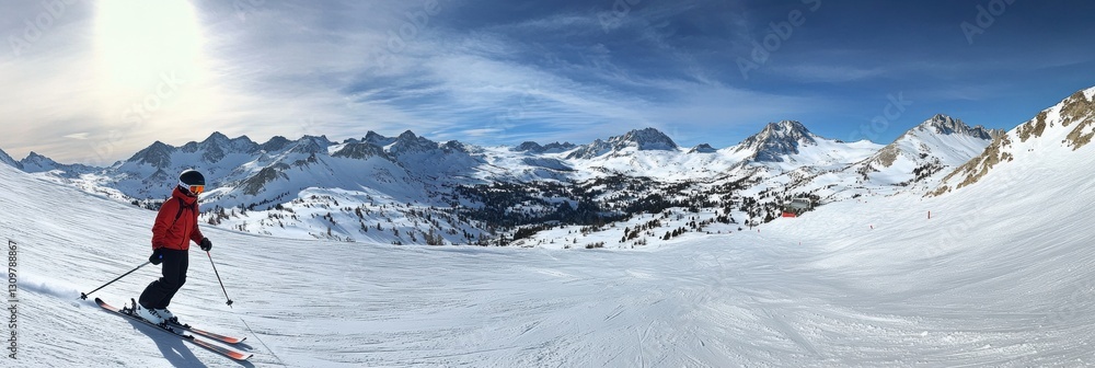Poster Skier navigating a snowy descent with stunning mountain peaks in the background during a clear winter day Generative AI