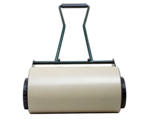 A lawn roller with a handle prepares soil for planting on a transparent background
