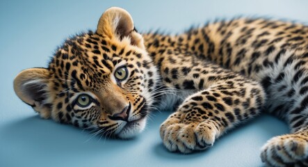 Obraz premium A beautiful leopard cub is lying down on a light blue surface