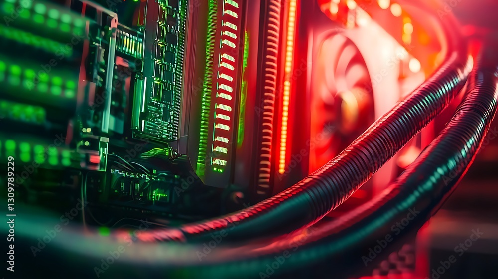 Poster close-up view of a vibrant computer motherboard and cooling system with illuminated components
