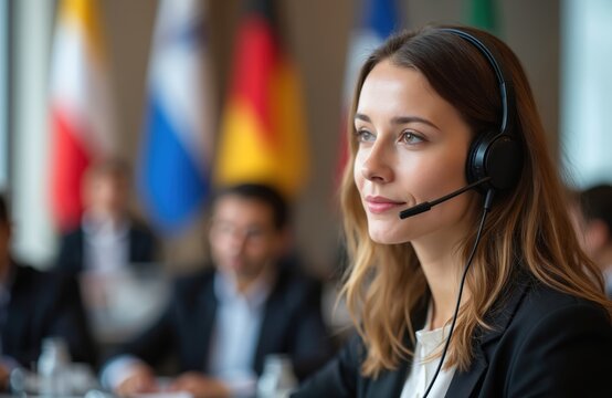Young woman works as conference interpreter wearing headset at international summit meeting. Blurred flags background. Delegates listen to translation. Language globalization business communication.