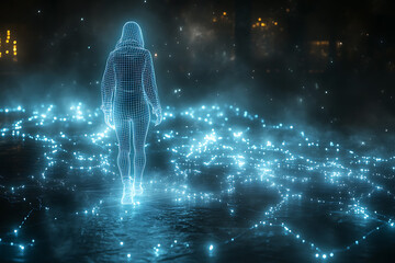 A futuristic digital representation of a radiant figure shrouded in white, composed of a glowing wireframe structure. 