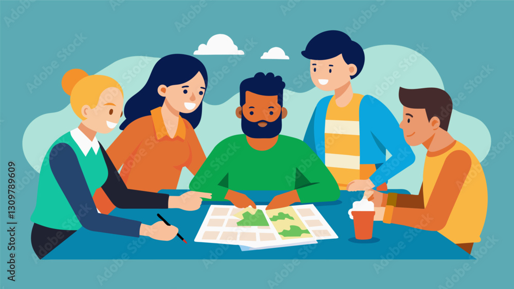 Poster a group of friends huddled around a table comparing the details of different maps from different era