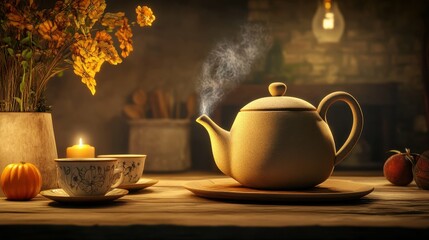 Fototapeta premium Warm Tea Set on a Rustic Table With Flowers and Candles for an Inviting Autumn Atmosphere