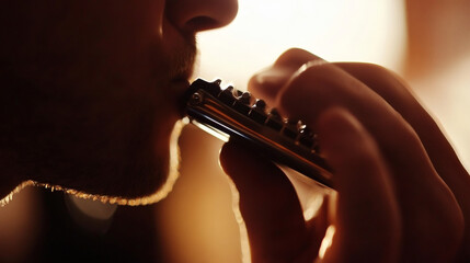 Harmonica Melodies: Close-up shot of a musician deeply engrossed in playing a harmonica, capturing the focus and passion as he produces music. 