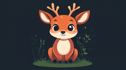 A Friendly Cartoon Deer Sits Peacefully With Green Foliage