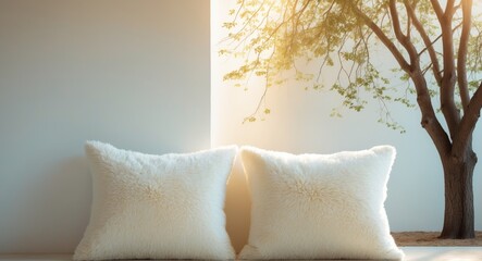 A serene room with pillows and a tree indoors.