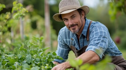 Happy Farmer Working in His Garden