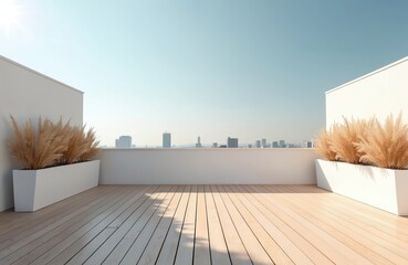 Empty rooftop terrace overlooks city skyline on sunny day. Minimalist design with potted pampas grass. Modern apartment space comfort, stylish outdoor living. Residential building with open-air