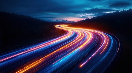 Stunning capture of a fast-moving highway at night filled with light trails from vehicles illustrating urban energy