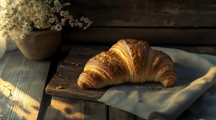 Fresh croissant on wooden table, soft lighting