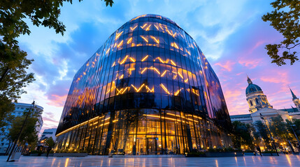 Obraz premium Modern glass building at dusk, illuminated interior