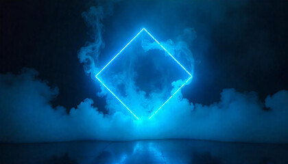 A glowing blue square floating in a smoky, foggy environment, creating a mystical and futuristic atmosphere.