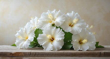 Obraz premium White Hibiscus blooms display on wood surface with blurred neutral backdrop