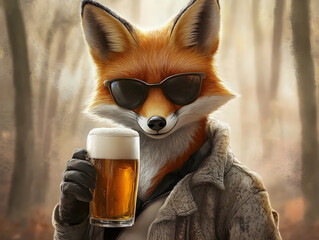 Funny Red Fox with Beer & Shades - Concept of Cool Animal Leisure, Anthropomorphic Wildlife & Humorous Relaxation