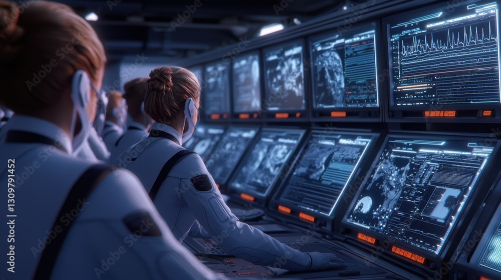 Poster futuristic control room with operators monitoring advanced technology